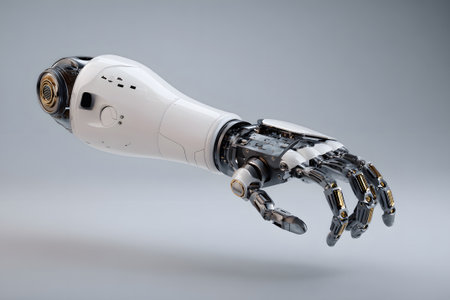 A detailed view of a robotic hand featuring numerous joints, sensors, and intricate mechanisms. The futuristic design suggests potential use in medicine, research, and manufacturing.の素材