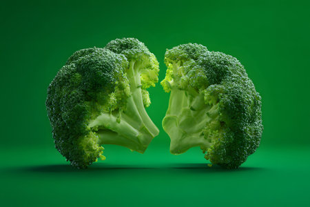 Bright green broccoli pieces are floating against a vivid green backdrop. The fresh vegetables seem to be suspended in the air, showing their textures and colors vividly.の素材