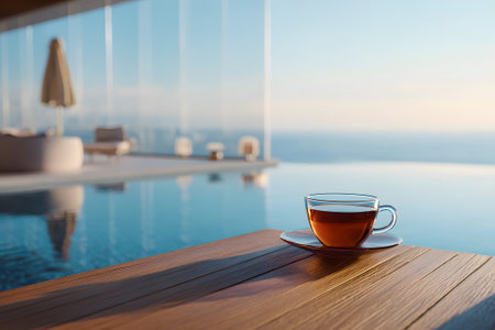 A tranquil scene features a cup of tea placed on a wooden table near a serene pool. The sunset casts soft light over the water, creating a soothing ambiance.の素材