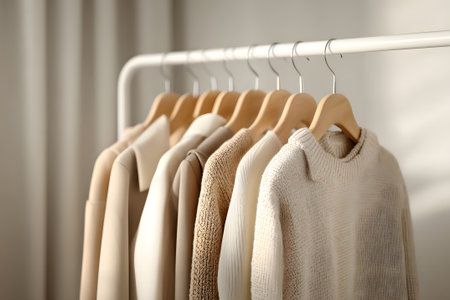 A collection of modern jackets and sweaters in warm neutral colors is displayed on a rack. Soft sunlight gently illuminates the clothing, creating a cozy atmosphere.の素材