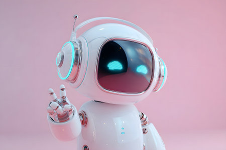 A small, cute robot character displays a friendly expression with a glowing face. Soft pink and purple lighting creates a warm, inviting atmosphere around it, emphasizing its charming design.の素材