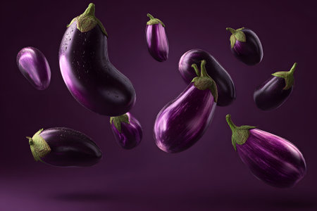 Vibrant eggplants are suspended in mid-air against a rich purple background, showing their smooth skin and unique shapes, adding a modern touch to kitchen decor.の素材