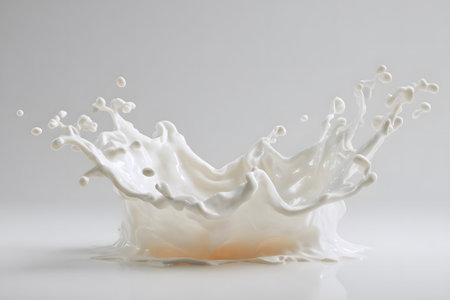A splash of milk bursts upwards, forming a stunning crown-like shape against a simple white background. The movement captures the beauty of fluid dynamics in food photography.の素材