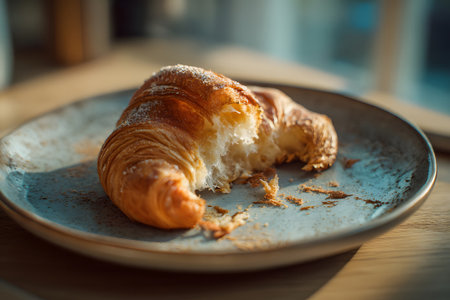 A flaky croissant sits on a plate, partially eaten, next to a steaming cup of coffee. The warm ambiance suggests a morning breakfast moment.の素材
