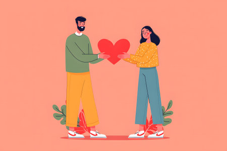 Two young people stand side by side, smiling at each other as they hold a red heart. Their cheerful expressions are framed by green tropical leaves, creating a bright and warm atmosphere.の素材