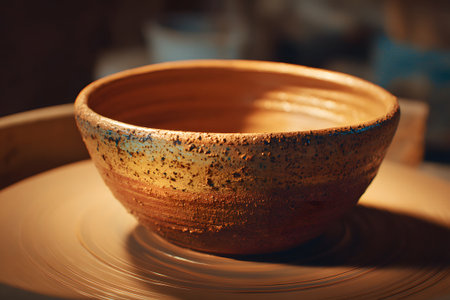 A skilled artisan shapes a clay bowl on a pottery wheel in a warm-lit workspace. The texture of the clay and the vibrant earthy tones highlight the craft of pottery making.の素材