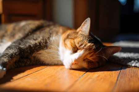 A tabby cat sleeping peacefully on a warm wooden floor. Soft sunlight filters in, creating a cozy atmosphere in the room, ideal for a quiet afternoon nap.の素材