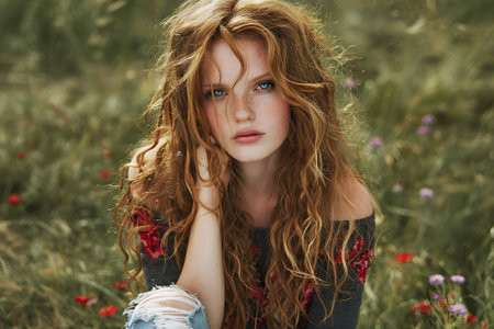 A girl with vibrant curly red hair sits in a lush green field filled with wildflowers. She gazes into the distance, lost in thought, with a gentle expression on her face.の素材