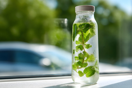 A glass bottle filled with sparkling water features fresh mint leaves. Sunlight filters through greenery in the background, creating a refreshing atmosphere perfect for relaxation.の素材