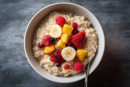 A bowl of oatmeal topped with colorful diced fruits such as peaches, apples, and blueberries sits on a rustic wooden table. The warm light suggests a serene morning atmosphere.の素材