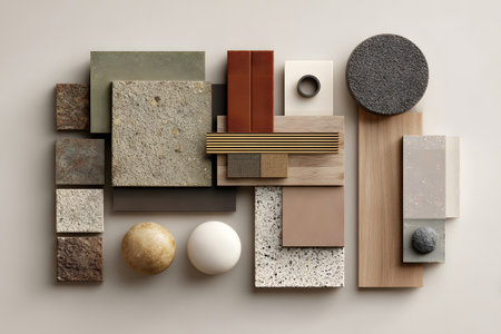 A layout features various textures and materials like stone, wood, and concrete in light colors. Round and rectangular shapes create an appealing modern design.の素材