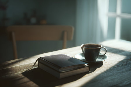 A quiet afternoon scene shows a cup of coffee beside an open book on a wooden table. Soft light filters through a nearby window, creating a warm atmosphere.の素材