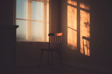 Soft sunlight filters through sheer curtains, casting gentle shadows on a wooden chair in an empty room. The warm glow creates a calm, peaceful atmosphere during the evening.の素材