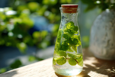 A glass bottle filled with sparkling water features fresh mint leaves. Sunlight filters through greenery in the background, creating a refreshing atmosphere perfect for relaxation.の素材