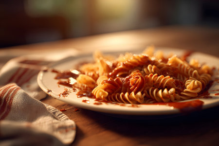 This dish features perfectly cooked spaghetti topped with a flavorful tomato sauce. It is presented elegantly on a plate, ideal for an enjoyable dinner.の素材