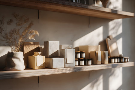 Two wooden shelves hold an elegant selection of natural skincare items, including bottles and boxes, with soft light enhancing the calming atmosphere.の素材