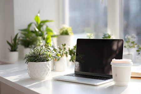 Bright sunlight fills a workspace featuring a laptop, a cozy yellow mug, and pots of greenery. This setting invites focus and creativity in a peaceful environment.の素材