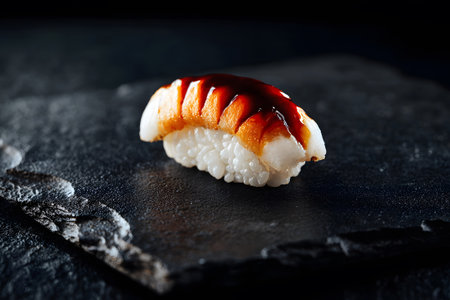 A single sushi roll sits on a dark stone surface, showing layers of rice, salmon, and sesame seeds. The simple presentation highlights the freshness and quality of the ingredients.の素材