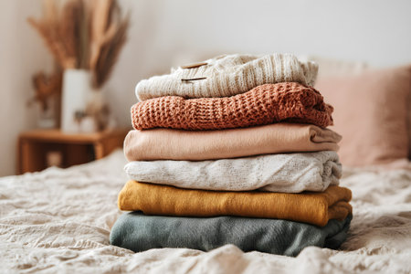 Several warm, knitted sweaters are stacked neatly on a bed in a cozy room. A bouquet of flowers adds charm, while soft bedding completes the inviting atmosphere.の素材