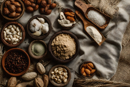 A variety of spices and nuts are spread across a textured cloth, showing garlic, almonds, and different powders. This tranquil kitchen scene evokes culinary creativity at dusk.の素材
