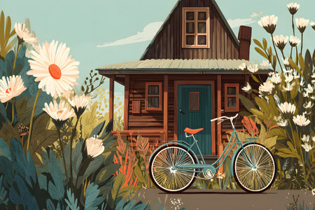 A charming blue wooden house stands amidst vibrant green foliage. A classic bicycle is leaned against the house, creating a peaceful, inviting atmosphere on a sunny day.の素材