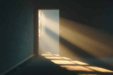 Sunlight filters through a wooden window, casting gentle shadows on the floor. The atmosphere feels calm and peaceful, highlighting the beauty of natural light in a simple, empty space.の素材