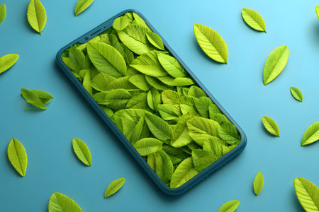 A smartphone showcases lush green leaves on its screen, symbolizing the blend of nature and technology. The background is a bright blue, enhancing the fresh concept of eco-friendly devices.の素材