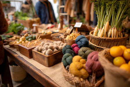 A vibrant miniature market scene filled with fresh vegetables. Wooden stalls are adorned with an array of colorful produce, showcasing the meticulous craftsmanship of the display.の素材