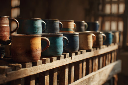 A collection of colorful handmade mugs sits on a rustic wooden shelf inside a cozy workshop. The warm afternoon light highlights the unique designs and textures of each mug.の素材