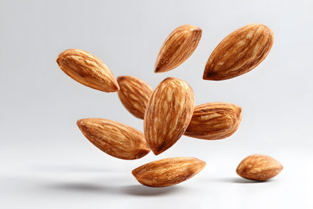 Shelled almonds are suspended in mid-air above a smooth white surface, capturing the moment of movement and freshness, ideal for healthy eating themes.の素材