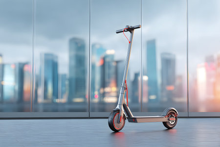 An electric scooter stands parked on a clean sidewalk in an urban area. Tall buildings reflect the warm colors of a sunset, creating a vibrant city atmosphere.の素材