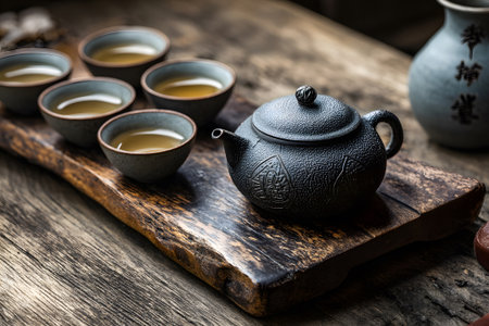 On a rustic wooden table, a dark teapot sits next to four small cups filled with golden tea. Loose tea leaves are placed in a bowl, showing the art of tea brewing in a serene setting.の素材