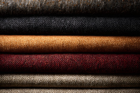 A collection of neatly folded linen fabrics in various colors rests on a wooden surface, illuminated by gentle light, showing the texture and richness of the materials.の素材