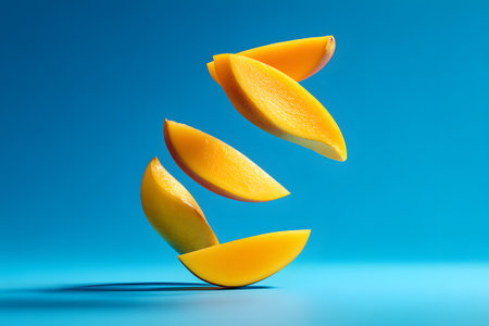Mango slices are suspended in the air, showing their rich orange color against a solid blue background. This scene highlights the fresh and juicy nature of the fruit.の素材