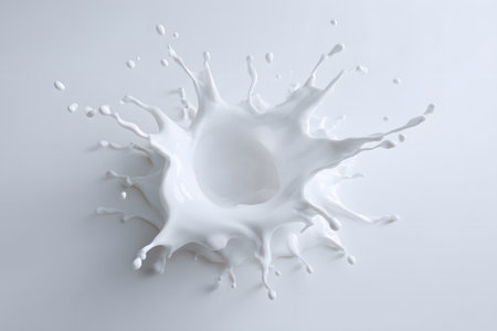A splash of milk bursts upwards, forming a stunning crown-like shape against a simple white background. The movement captures the beauty of fluid dynamics in food photography.の素材
