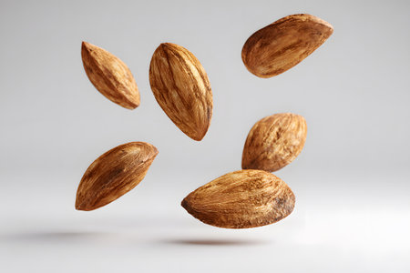 Shelled almonds are suspended in mid-air above a smooth white surface, capturing the moment of movement and freshness, ideal for healthy eating themes.の素材