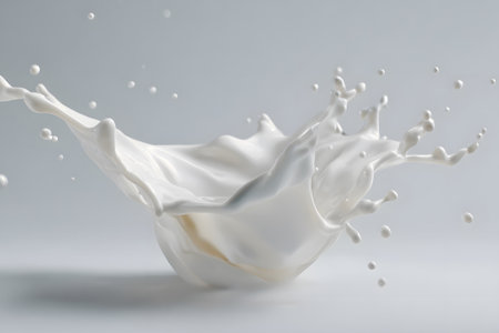 A splash of milk bursts upwards, forming a stunning crown-like shape against a simple white background. The movement captures the beauty of fluid dynamics in food photography.の素材