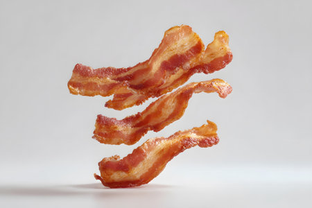 Bacon strips are suspended mid-air, showing their crispy texture and rich color against a clean light background, emphasizing the deliciousness of this popular food.の素材