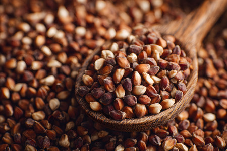 Brown and tan buckwheat seeds fill a wooden spoon, showing their unique texture. The rustic background highlights the natural appeal of these grains, perfect for healthy dishes.の素材