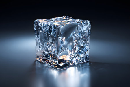 A single clear ice cube sits on a dark surface, reflecting soft light. The cube showcases intricate textures and sparkling details, creating an artistic visual display.の素材