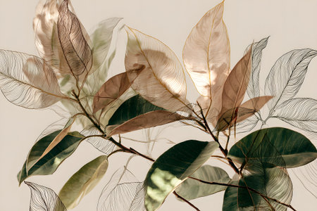 Detailed illustration features various botanical leaves in soft hues against a light background. The artwork captures the delicate beauty of nature, bringing tranquility to any space.の素材