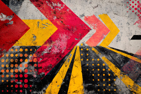 Brightly colored arrows in shades of blue, yellow, orange, and pink decorate a concrete wall in an urban area. The artwork creates an energetic and dynamic atmosphere.の素材