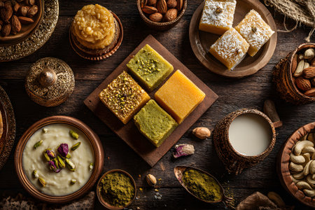 Vibrant sweets and spices are arranged on ornate trays, showing a rich variety of colors and textures at a festive market. The ambiance hints at celebration and cultural traditions.の素材