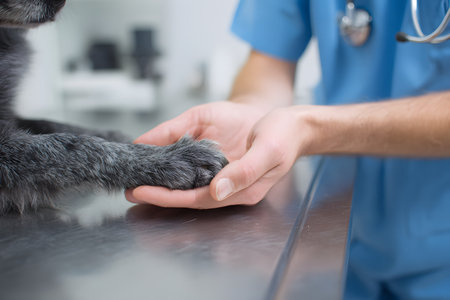 A veterinarian gently examines a dog's paw during a routine check-up at a veterinary clinic. The focused environment shows care and attention for the animal's health.の素材