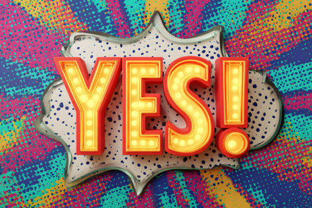 A vibrant neon sign features the word yes in big letters with glowing lights, set in a playful speech bubble. It stands out against a dark, textured background.の素材