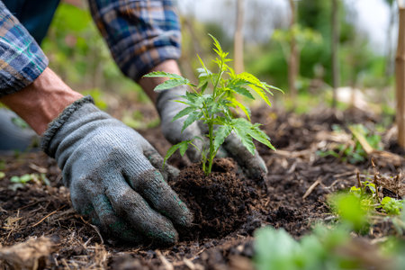 A person wearing gloves carefully plants a young cannabis seedling in tilled soil. This scene takes place in a vibrant garden under clear skies, showing a commitment to gardening.の素材
