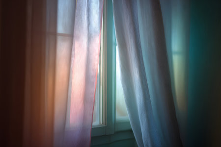 Sheer curtains catch the sunlight during a peaceful morning. The soft glow enhances the calm atmosphere of the room, inviting warmth and light inside.の素材
