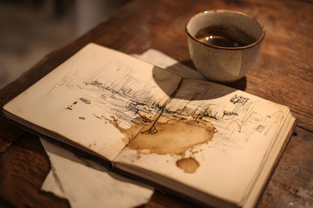 A warm wooden table features a dark coffee cup and an open sketchbook. The pages show artistic stains from coffee and ink. Creative inspiration is present in the moment.の素材