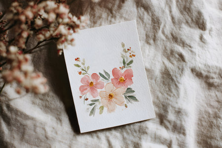 A delicate watercolor painting features pink and peach flowers arranged gracefully on textured white paper. Soft, warm lighting enhances the vibrant colors against a cozy fabric surface.の素材