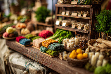 A vibrant miniature market scene filled with fresh vegetables. Wooden stalls are adorned with an array of colorful produce, showcasing the meticulous craftsmanship of the display.の素材